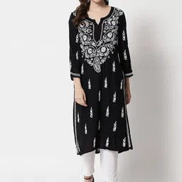 PARAMOUNT CHIKAN Women Black & White Embroidered Chikankari Kurta-picture-12