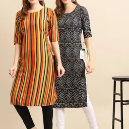KALINI Women Set Of 2 Orange & Black Printed Crepe Kurta-image-83