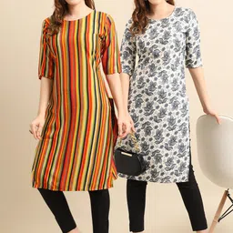 KALINI Women Pack Of 2 Prined Block Print Handloom Straight Crepe Kurta-13