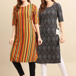 KALINI Women Pack of 2 Yellow & Black Geometric Printed Handloom Crepe Kurta-image-88