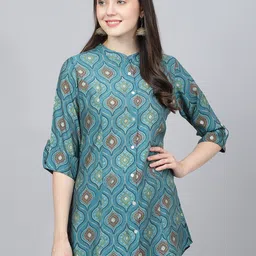 KALINI Ethnic Motifs Printed Mandarin Collar Roll-Up Sleeves Longline Shirt Style Top-13