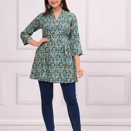 INDIANIC Abstract Printed Mandarin Collar A-Line Top-picture-32