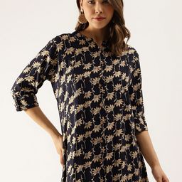 KALINI Floral Printed Mandarin Collar Roll-Up Sleeves Shirt Style Top-image-64