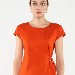 RAREISM Solid Cinched Waist Round Neck Top-58