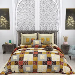 LIVING ROOTS Bagru Gold Yellow Printed Pure Cotton 300 TC King Bedsheet Set 2.6 m x 2.6 m-10