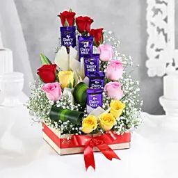 Mixed Roses Arrangement With Dairy Milk Chocolates-33