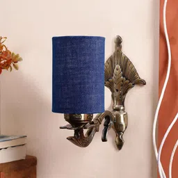 Devansh Blue & Gold Toned Textured Antique Wall Lamp With Jute Conical Shade-39