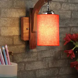 Devansh Orange & Brown Wooden Cylinder Shaped Wall Lamp-19