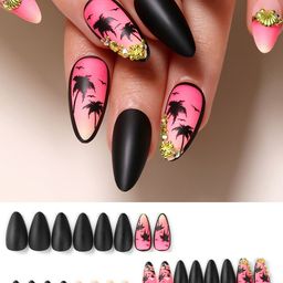 Secret Lives Set Of 24 Matte with 3D Pearls & Palm Tree Design Artificial Nails-Goa Beach image 4