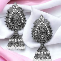 Sangria Silver-Toned Kundan Studded Peacock Shaped Oxidised Jhumkas-5