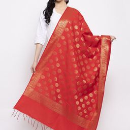 Clora Creation Women Red & Gold-Toned Woven Design Banarsi Silk Dupatta-20