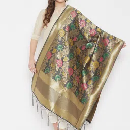 Clora Creation Grey & Gold-Toned Woven Design Banarasi Silk Dupatta-24