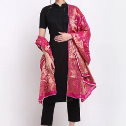 SOUNDARYA Magenta & Gold-Toned Woven Design Bandhani Dupatta-24