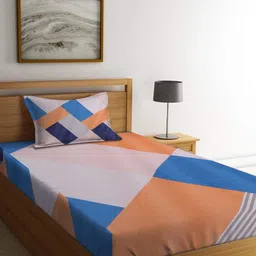 homewards Orange & Blue Geometric 200 TC Single Bedsheet With 1 Pillow Cover-11