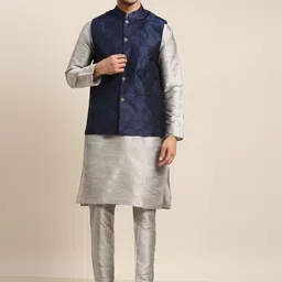 SOJANYA Men Grey Solid Kurta & Trousers With a Nehru Jacket-picture-52