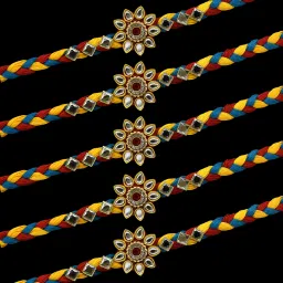 Designer Pack of 5 Stone Rakhi for Brother with Chawal Roli Pack - Mauli Rakhi Mauli Thread, Kundan, Assorted Rakhi, Chawal Roli Pack Set-25