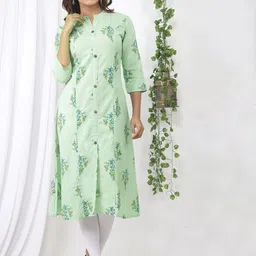 Sangria Green Floral Printed Panelled Cotton Kurta-55