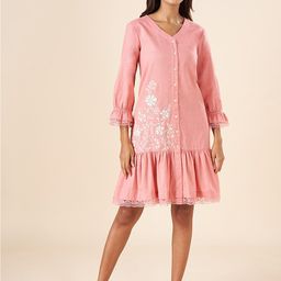 AKKRITI BY PANTALOONS Floral Embroidered V-Neck Gathered Detailed Cotton A-Line Dress-image-3