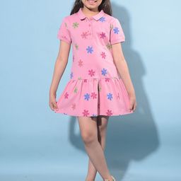 Crimsoune Club Girls Floral Print Shirt Collar Short Sleeves Drop-Waist Dress-picture-33