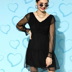Athena Black Self Design Dobby Net A-Line Dress-picture-19