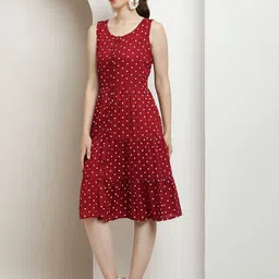 SQew Red Polka Dot Printed Round Neck Sleeveless Gathered A-Line Dress-image-34