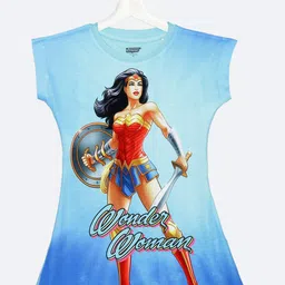 YK Justice League Girls Blue Wonder woman Printed T-shirt Dress-42