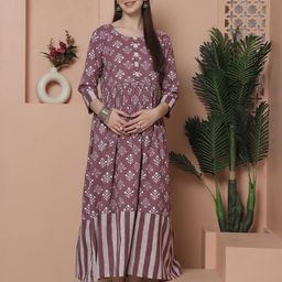 Rajnandini Round Neck Ethnic Motifs Print Maternity A-Line Dress-image-29