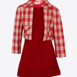 CUTECUMBER Girls Red Solid A-Line Dress with Checked Jacket-image-36