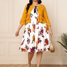 DEEBACO Floral Printed Flared Tie-Up Neck A-Line Dress-54