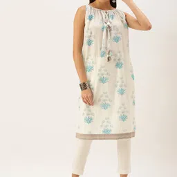 HRITIKA Floral Printed Tie-Up Neck Cotton A-Line Dress-48
