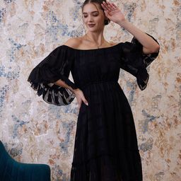 Athena Black Floral Self Design Flutter Sleeves Off-Shoulder Chiffon A-Line Dress-picture-52
