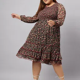 Antheaa Curve Plus Size Floral Printed Puff Sleeves Tiered Chiffon A-Line Dress-image-23