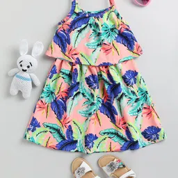 YK Girls Shoulder Straps Tropical Printed A-Line Dress-11