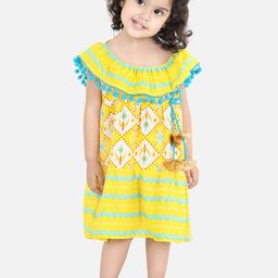 BownBee Girls Yellow Geometric Printed Fit & Flare Dress-picture-14