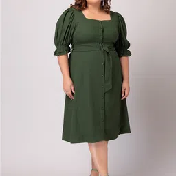 FabAlley Curve Plus Size Square Neck Puff Sleeves A-Line Dress-picture-53