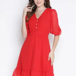 DRAAX Fashions Self Design V-Nek Smocked A-Line Dress-image-94