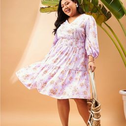 SASSAFRAS Curve Plus Size Floral Printed Puff Sleeve A-Line Dress-8