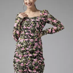 PANIT Black Floral Georgette Bodycon Dress-image-12