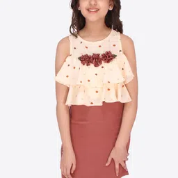 CUTECUMBER Rust Floral Applique Georgette Peplum Dress-image-35