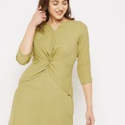 Imfashini Olive Green Georgette Twisted A-Line Dress-image-8