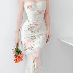 StyleCast White Floral Printed Shoulder Strapped Ruched Sheath Midi Dress-picture-40