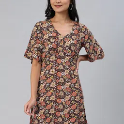 EVERYDAY by ANI Brown & Orange Floral Printed Flared Sleeve V-Neck Gathered A-Line Dress-picture-7