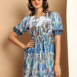 Indian Needle Ethnic Motifs Print Puff Sleeve Satin A-Line Dress-picture-5