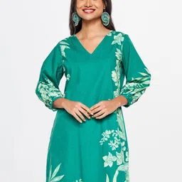 Global Desi Floral Printed Puff Sleeves Gathered Cotton A-Line Dress-picture-48