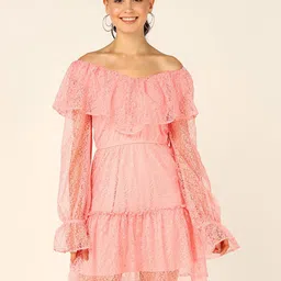 DressBerry Pink Floral Laced Tiered Off-Shoulder Puff Sleeve A-Line Dress-image-16
