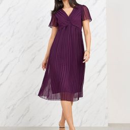 Styli Pleated V-Neck Midi Length Dress-image-70