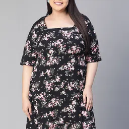 Oxolloxo Plus Size Floral Print Square Neck Short Sleeve Dress-image-68