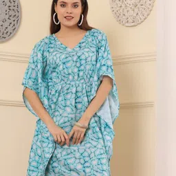 Chanting Blue Abstract Printed Kimono Sleeve Gathered Kaftan Dress-picture-17