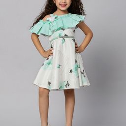 Macwin Girls Floral Printed One Shoulder Cold-Shoulder Sleeves Pleated Satin A-Line Dress-18