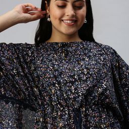 SHOWOFF Navy Blue Floral Chiffon A-Line Dress-image-20